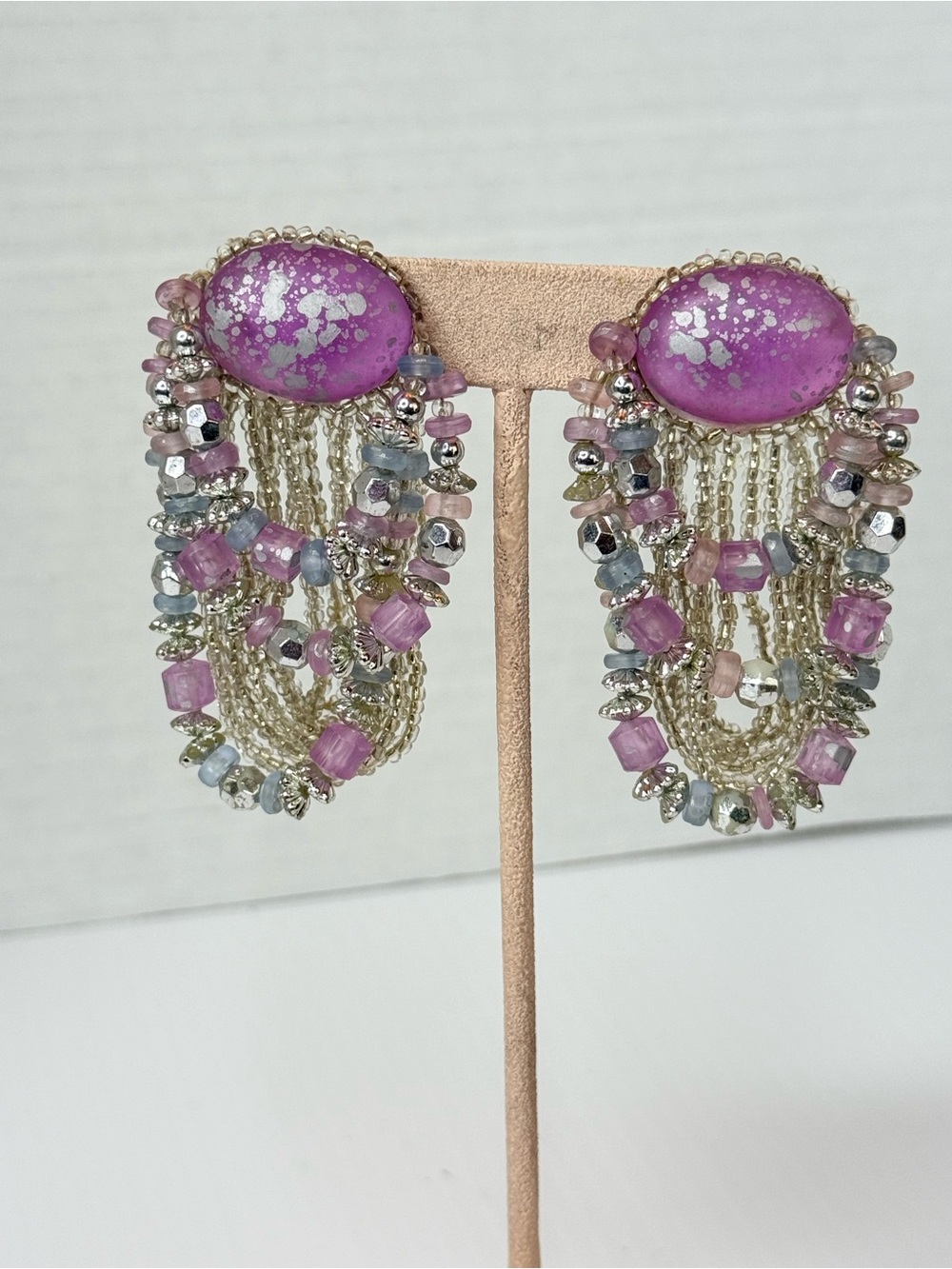 Vintage Cha cha Handcrafted Pink Beaded Fringe Statement Earrings